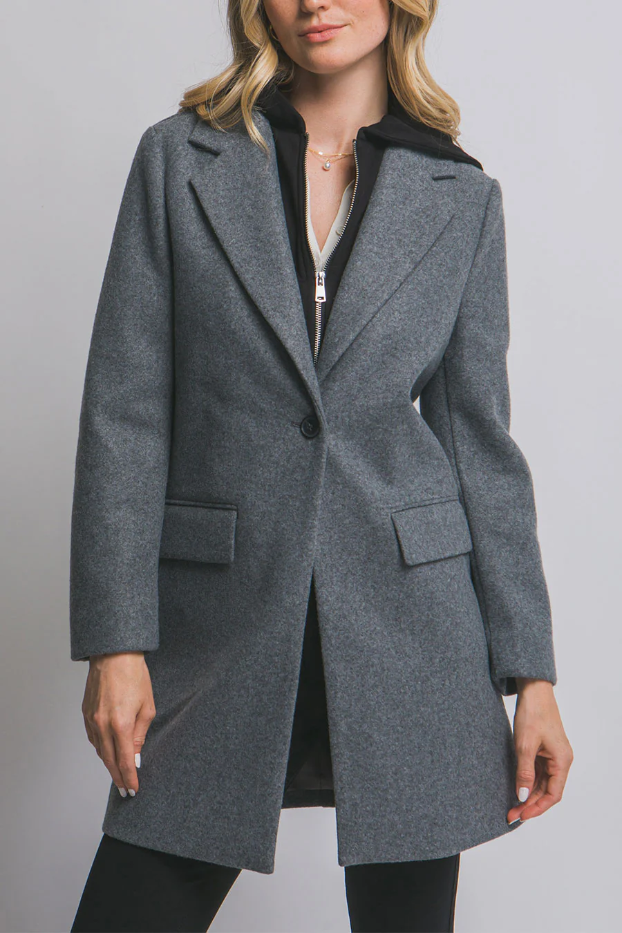 Full-Zip Fleece Hooded Contrast Combination Coat with Button Closure - Image 5