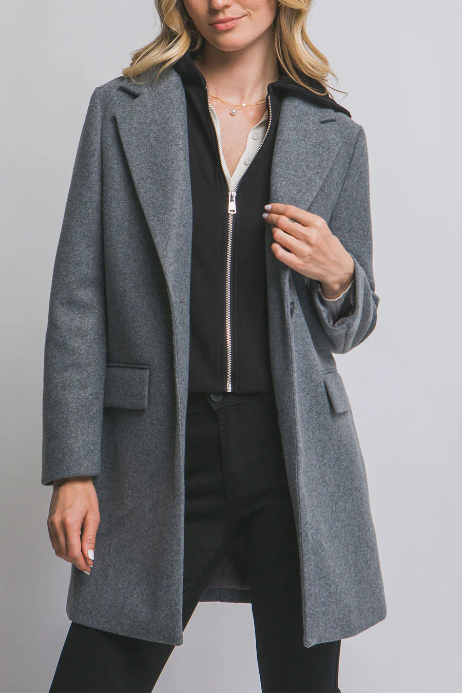 Full-Zip Fleece Hooded Contrast Combination Coat with Button Closure - Image 6
