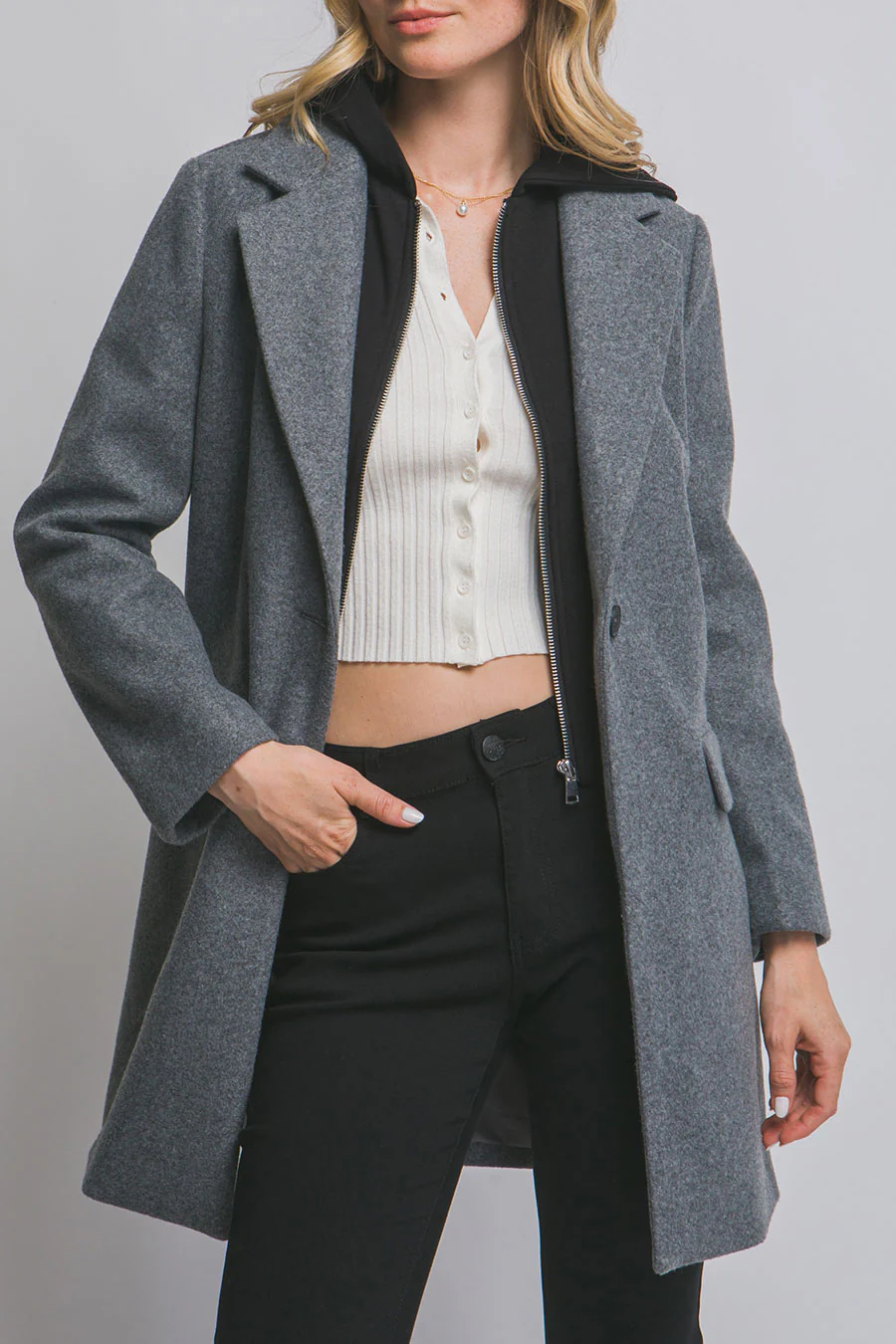 Full-Zip Fleece Hooded Contrast Combination Coat with Button Closure - Image 8