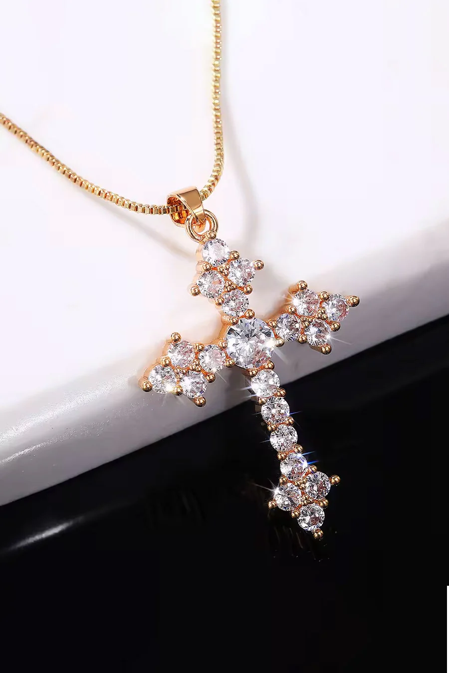 Gold Color Crystal Cross Pendant Necklace