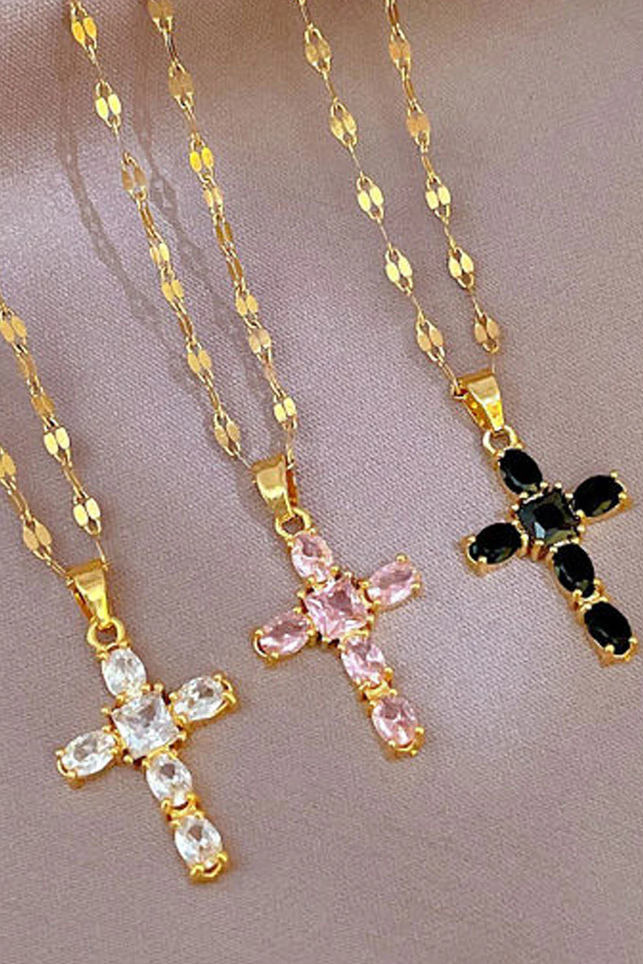 Gold Color Crystal Dainty Cross Pendant Necklace