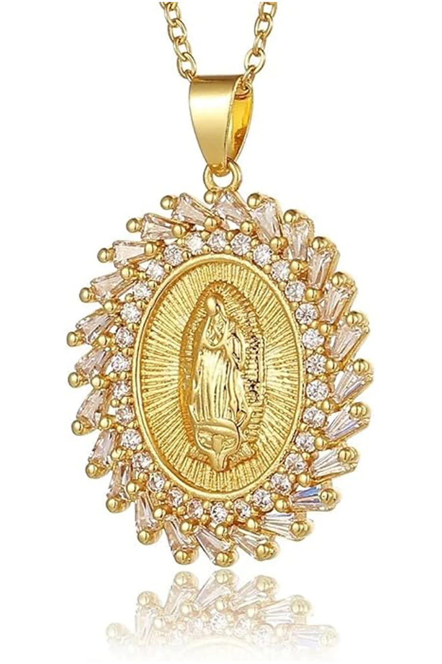 Gold Color Crystal Decorated Virgin Mary Pendant Necklace