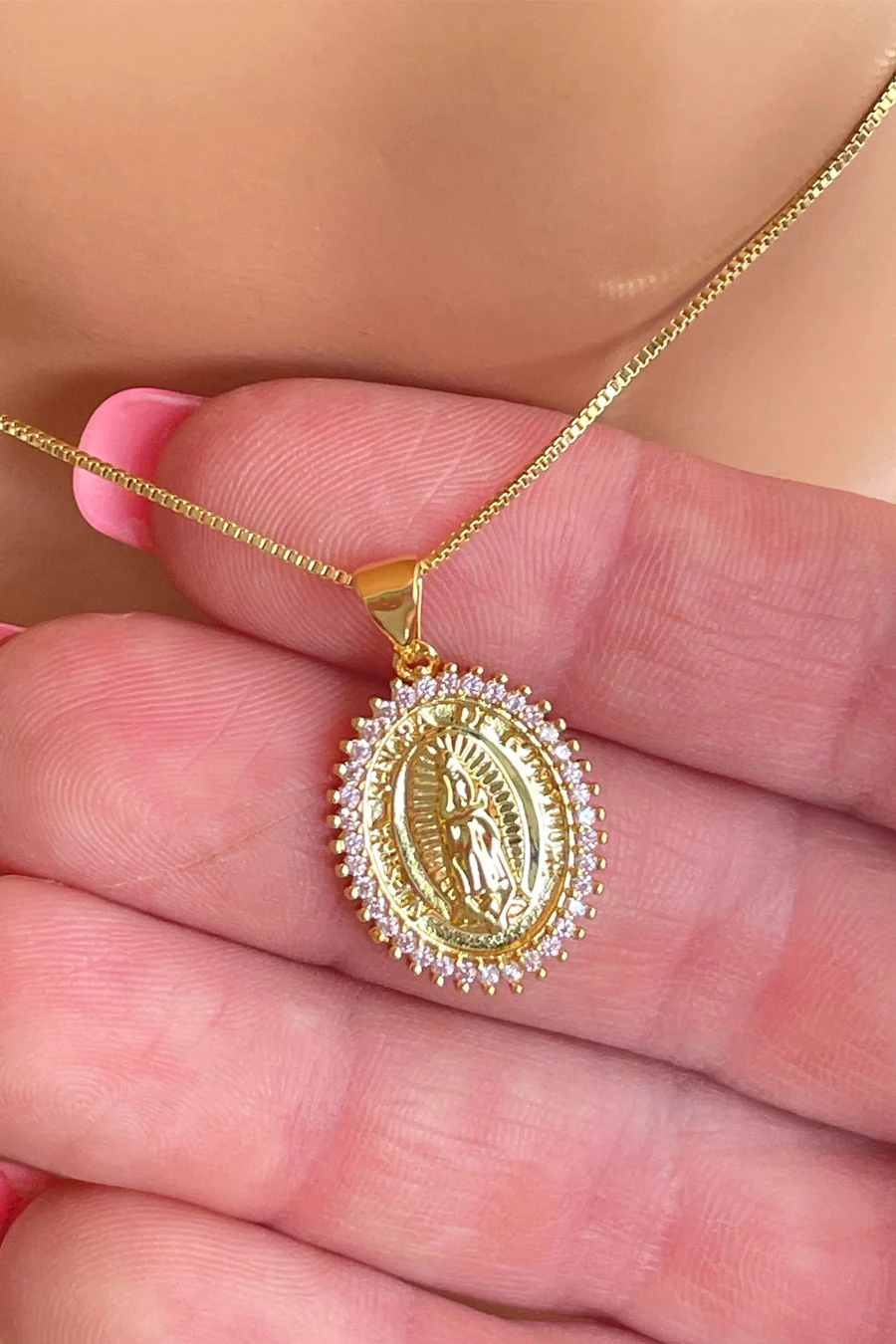 Gold Color Crystal Decorated Virgin Mary Pendant Necklace - Image 2