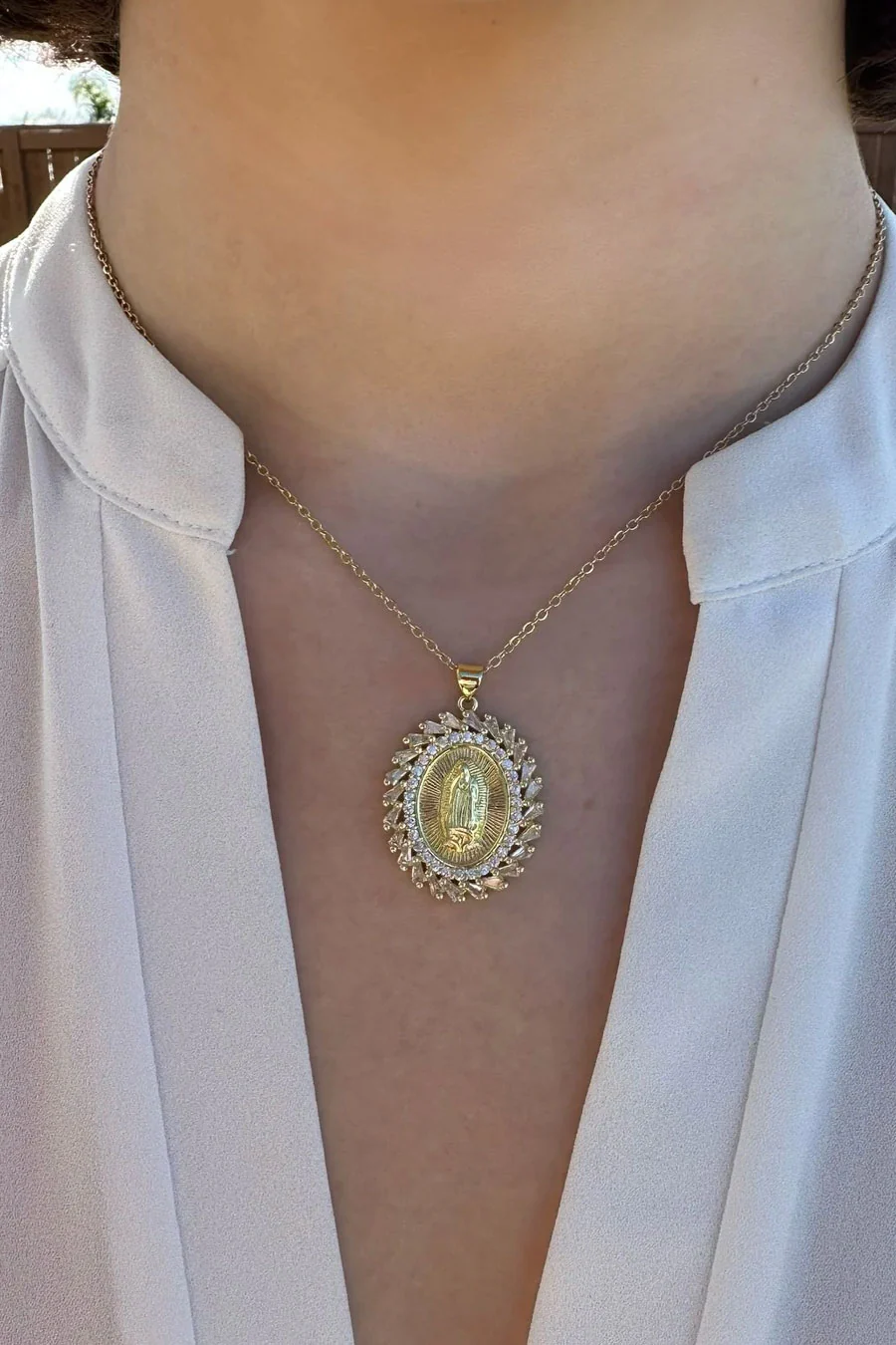 Gold Color Crystal Decorated Virgin Mary Pendant Necklace - Image 3
