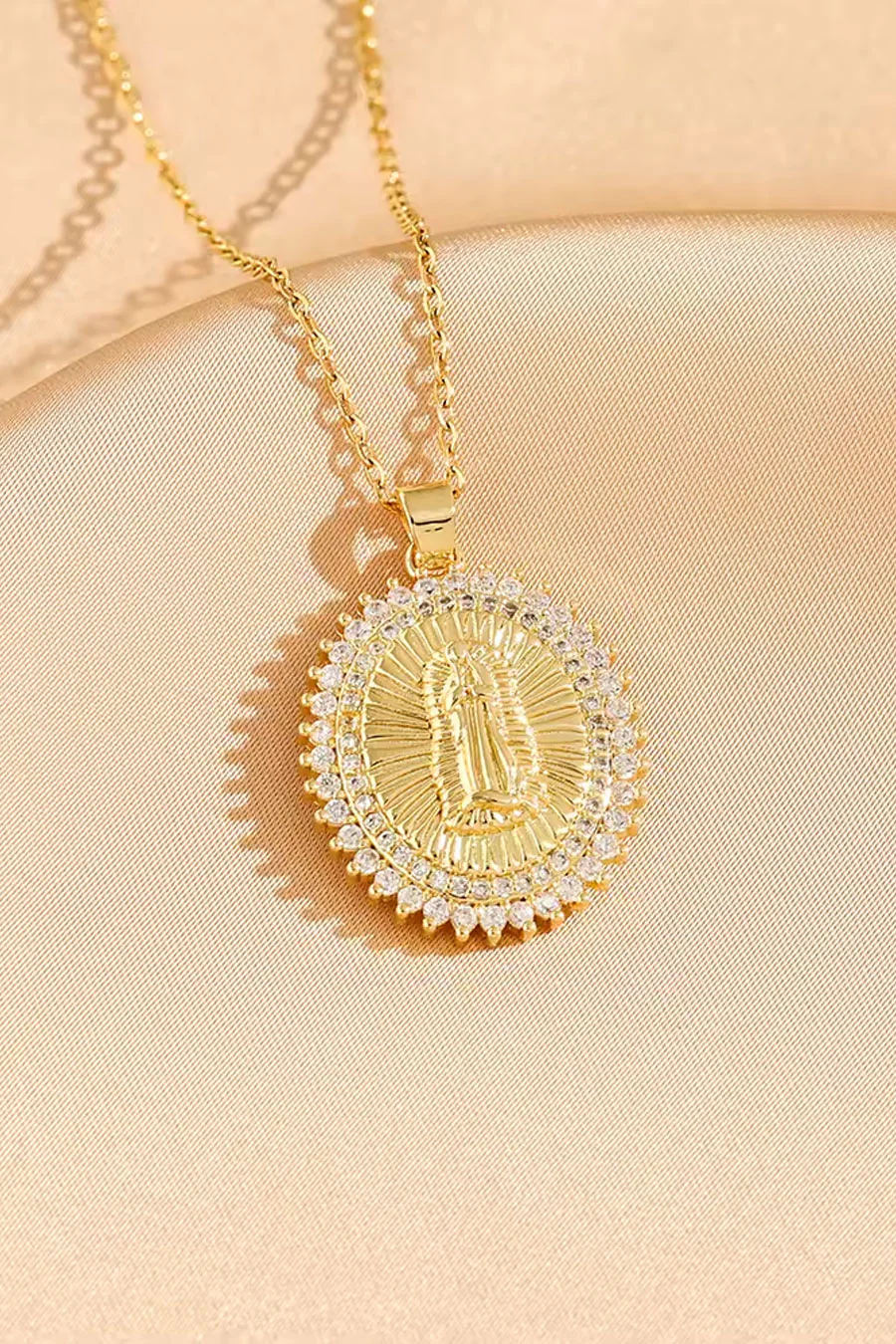 Gold Color Crystal Decorated Virgin Mary Pendant Necklace - Image 4