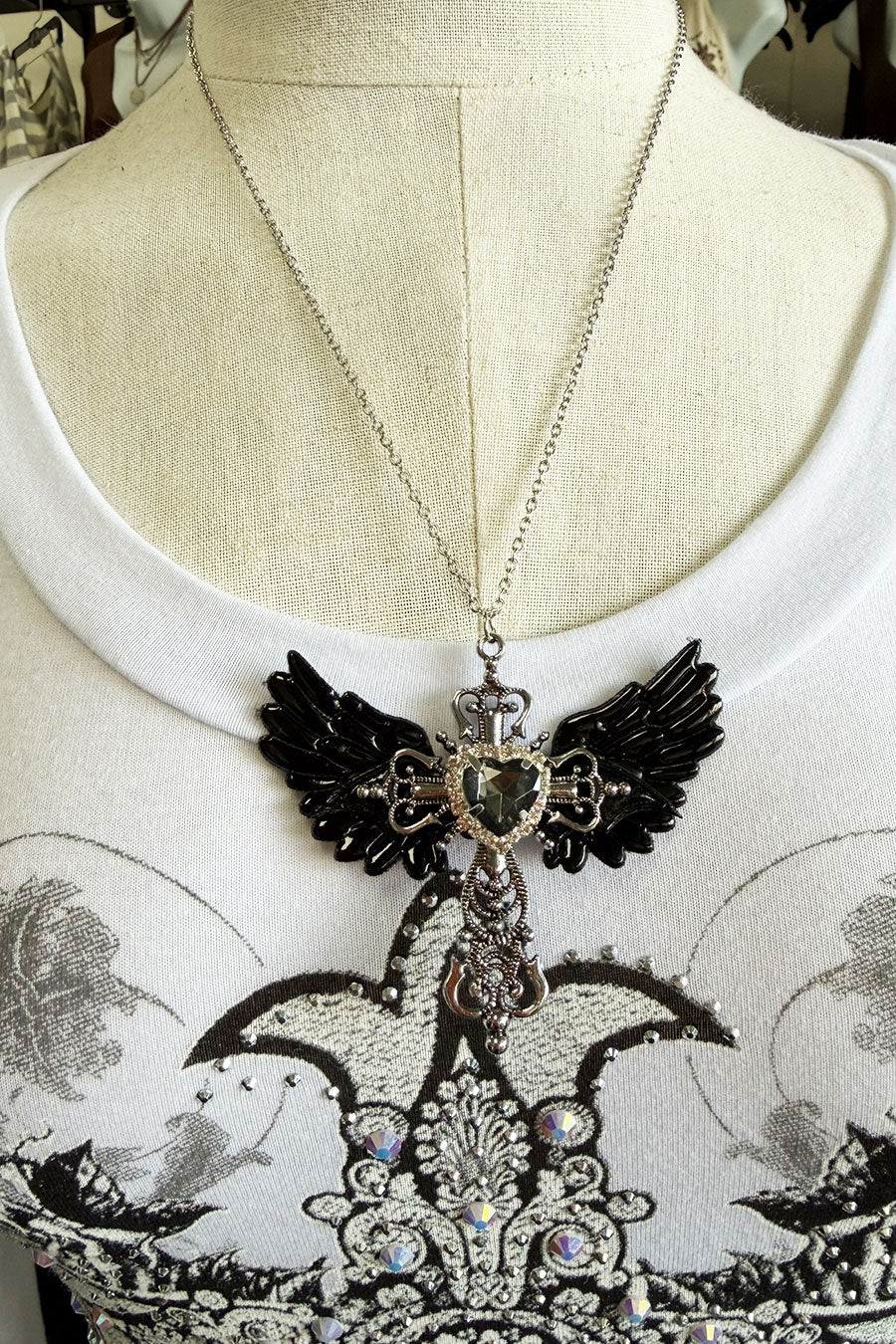 Gothic Angel Wing & Cross Y2K Pendant Necklace - Image 2