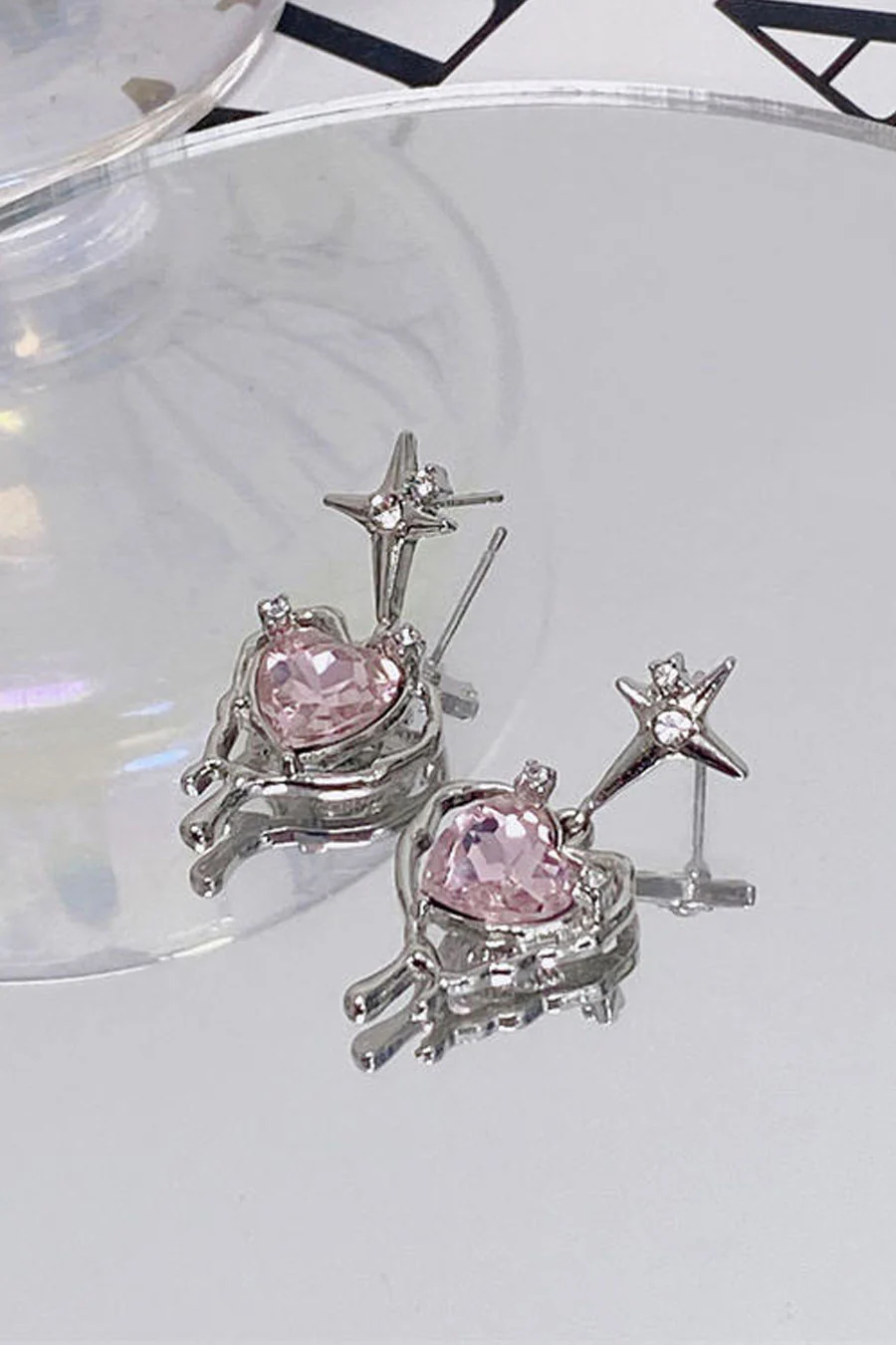 Soft Gothic Pink Heart Crystal Stud Earrings