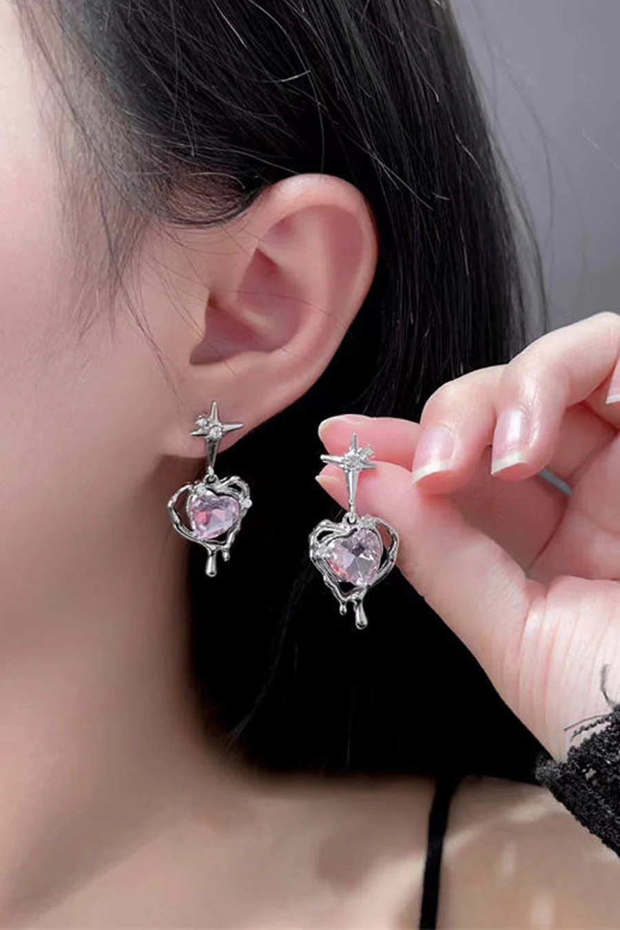 Soft Gothic Pink Heart Crystal Stud Earrings - Image 2