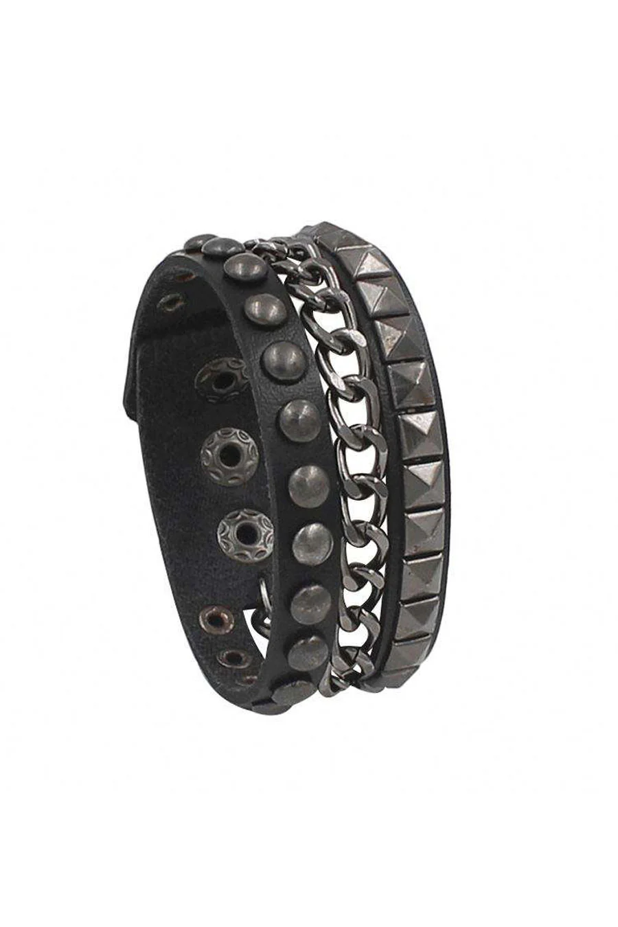 Gothic Gun Metal Studs & Chains PU Leather Bracelets with Adjustable Snap Buttons
