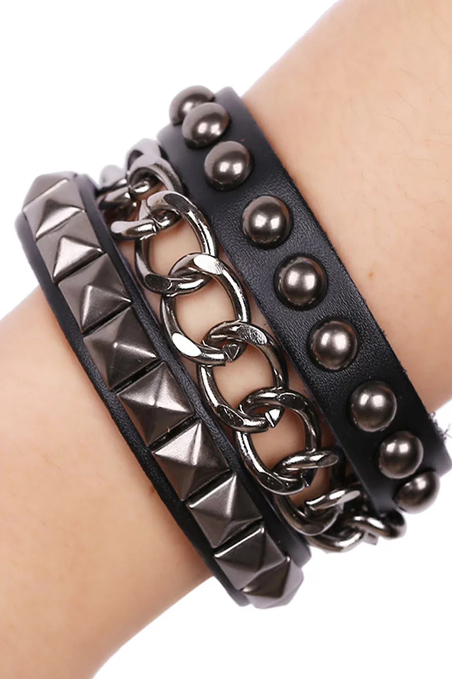 Gothic Gun Metal Studs & Chains PU Leather Bracelets with Adjustable Snap Buttons - Image 2