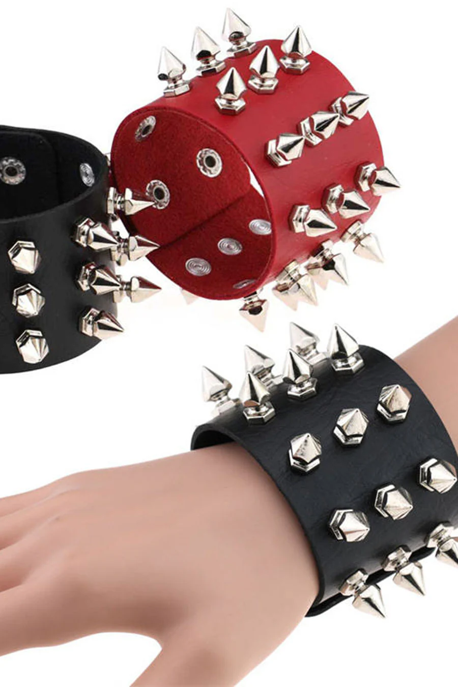 Gothic Studded Spikes PU Leather Bracelets with Adjustable Snap Buttons - Image 2