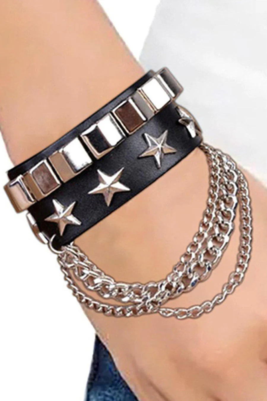 Gothic Studded Starts Chain PU Leather Bracelets with Adjustable Snap Buttons - Image 2