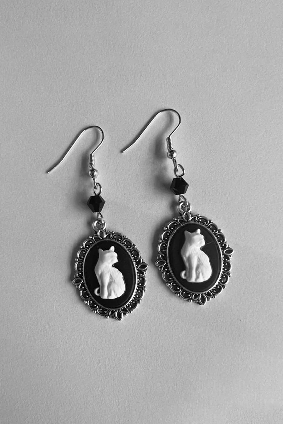 Gothic White Cat Charm Drop Earrings