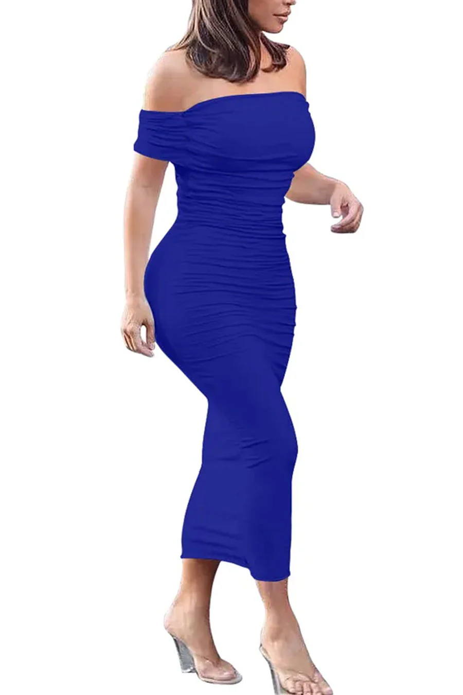 ENBE™ Off-The-Shoulder Bodycon Ruched Midi Magic Stretch Dress (Double-Layered) - Image 4