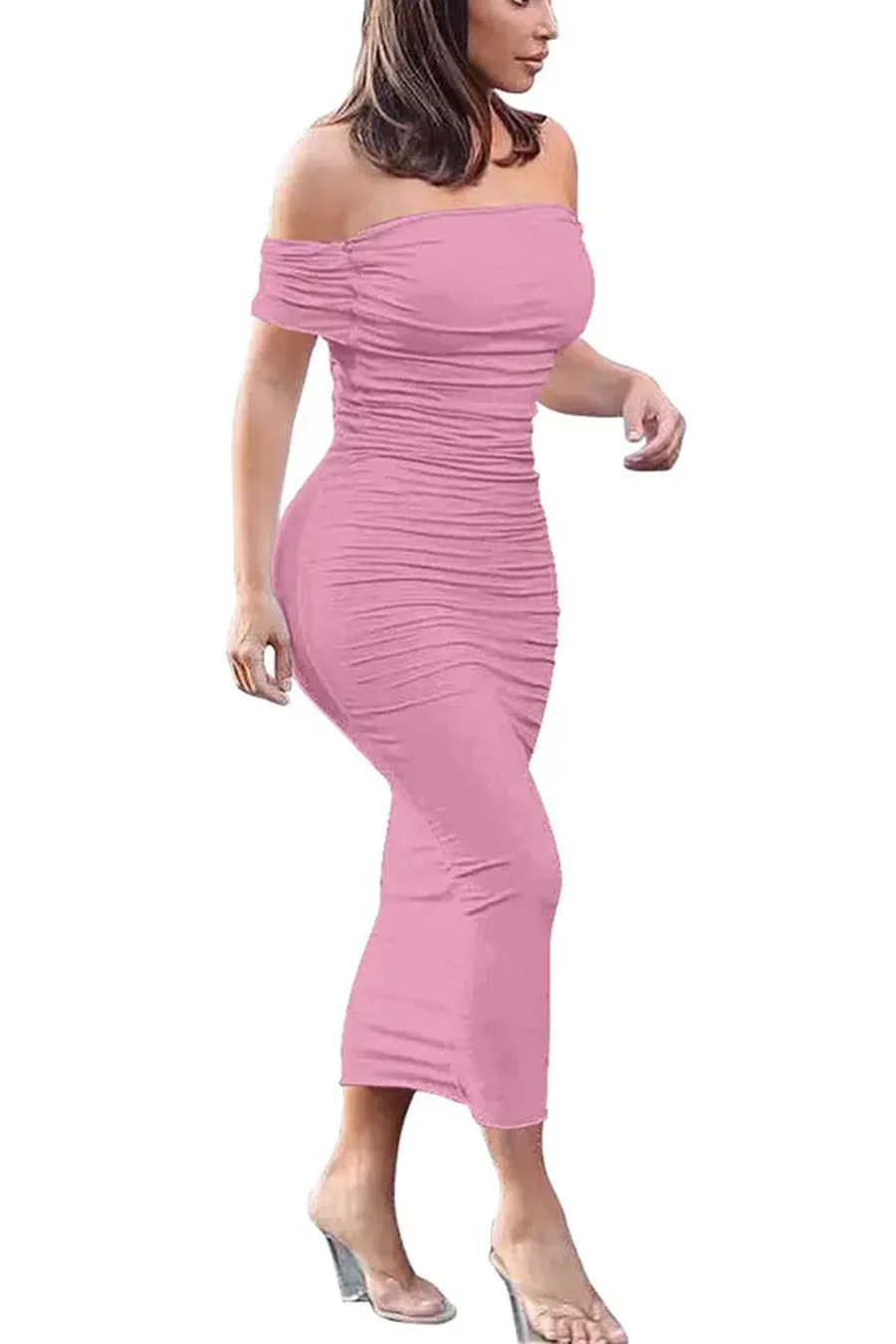 ENBE™ Off-The-Shoulder Bodycon Ruched Midi Magic Stretch Dress (Double-Layered) - Image 5