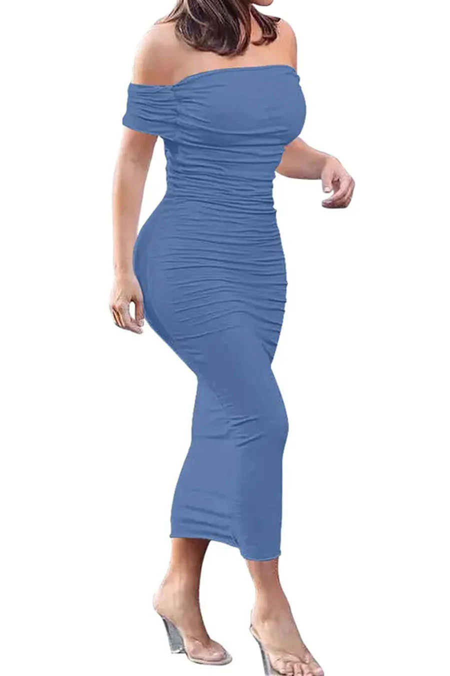 ENBE™ Off-The-Shoulder Bodycon Ruched Midi Magic Stretch Dress (Double-Layered) - Image 6