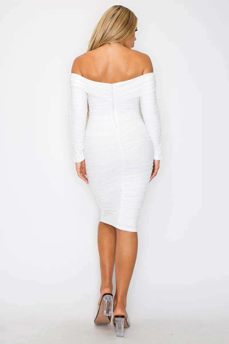ENBE™ Mesh Double-Layer Long Sleeve Off Shoulder Bodycon Midi Magic Stretch Dress - Image 6