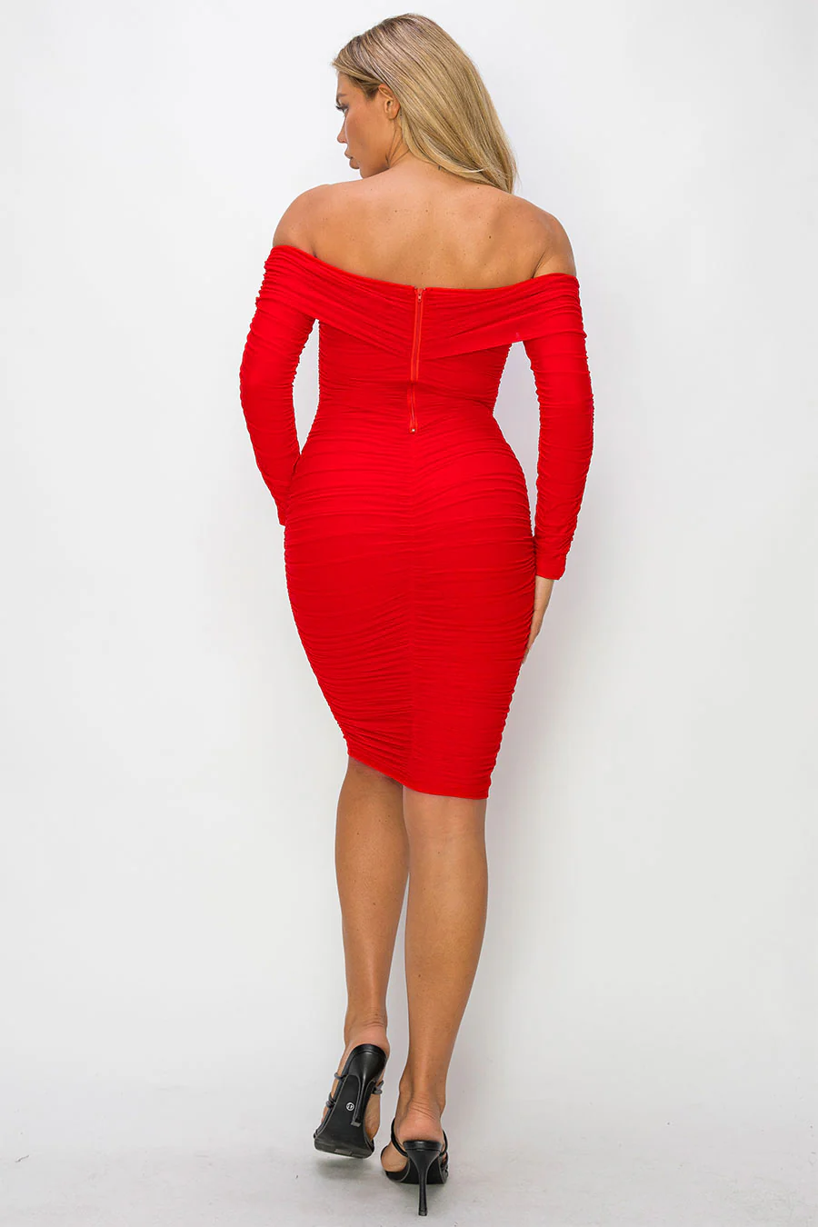 ENBE™ Mesh Double-Layer Long Sleeve Off Shoulder Bodycon Midi Magic Stretch Dress - Image 9