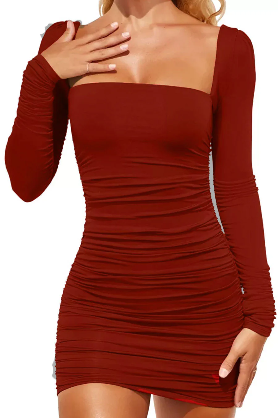 ENBE™ Long Sleeve Ruched Square Neck Mini Bodycon Magic Stretch Dress (Double-Layered) - Image 6