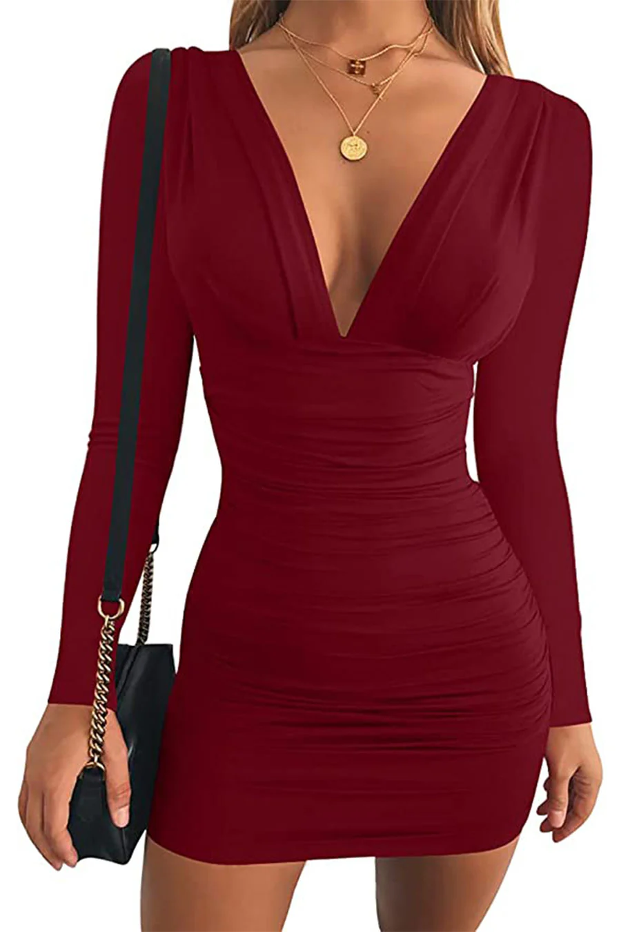 ENBE™ Long Sleeve V-Neck Ruched Mini Bodycon Magic Stretch Dress (Double-Layered) - Image 14