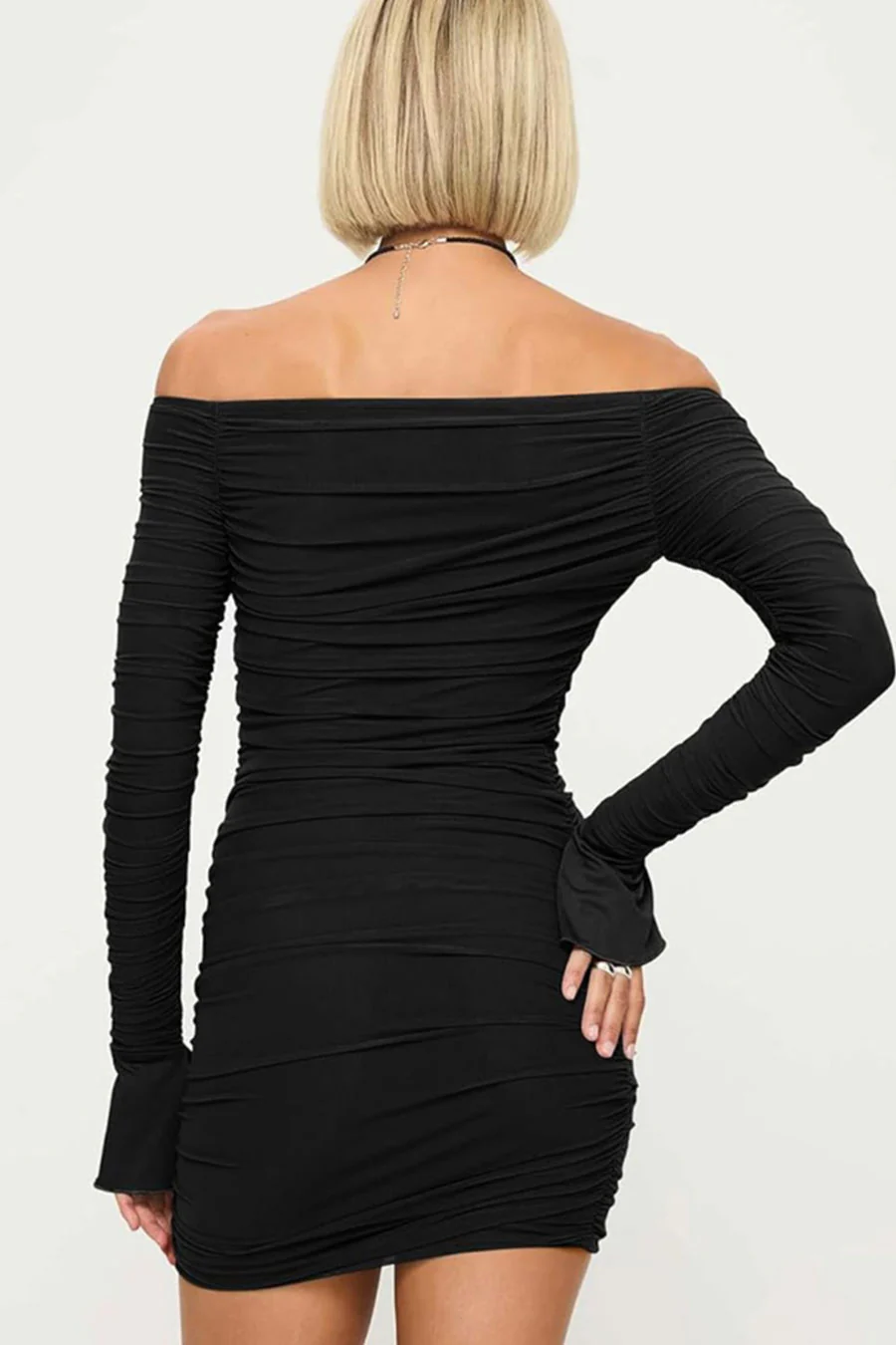 ENBE™ Mesh Double-Layer Off-The-Shoulder Long Sleeve Mini Bodycon Magic Stretch Dress - Image 2