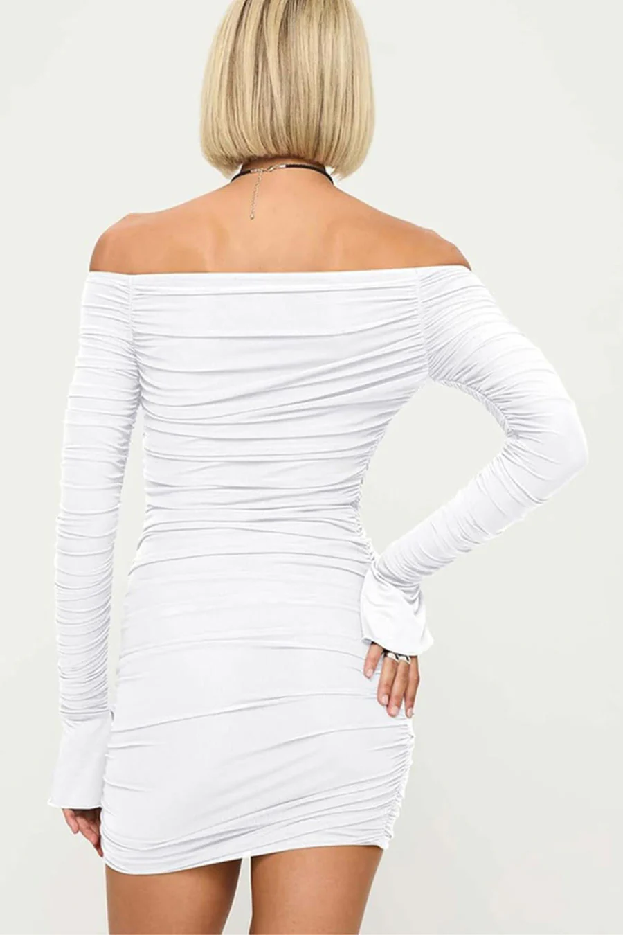 ENBE™ Mesh Double-Layer Off-The-Shoulder Long Sleeve Mini Bodycon Magic Stretch Dress - Image 6