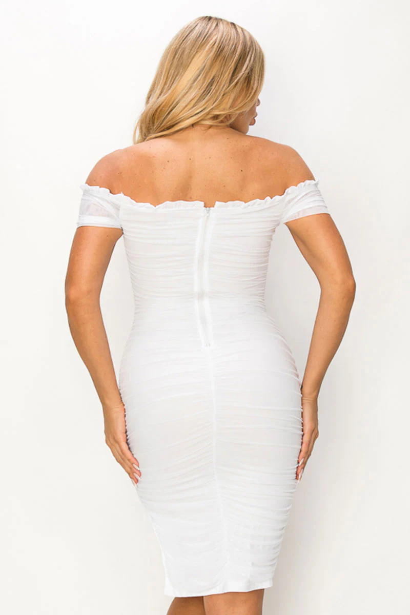 ENBE™ Mesh Double-Layer Ruffle Off-The-Shoulder Midi Bodycon Magic Stretch Dress with Side Slit - Image 12