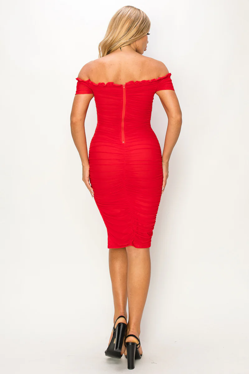 ENBE™ Mesh Double-Layer Ruffle Off-The-Shoulder Midi Bodycon Magic Stretch Dress with Side Slit - Image 5