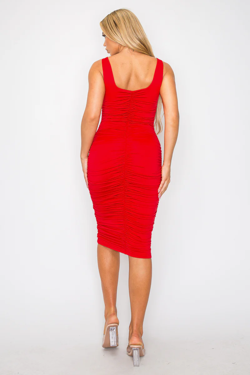 ENBE™ Ruched Square Neck Sleeveless Midi Bodycon Magic Stretch Dress (Double-Layered) - Image 27