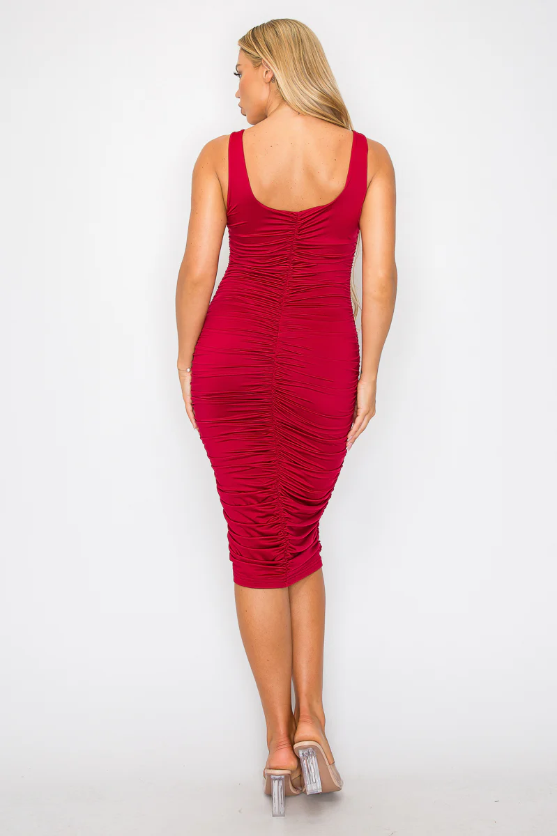 ENBE™ Ruched Square Neck Sleeveless Midi Bodycon Magic Stretch Dress (Double-Layered) - Image 36