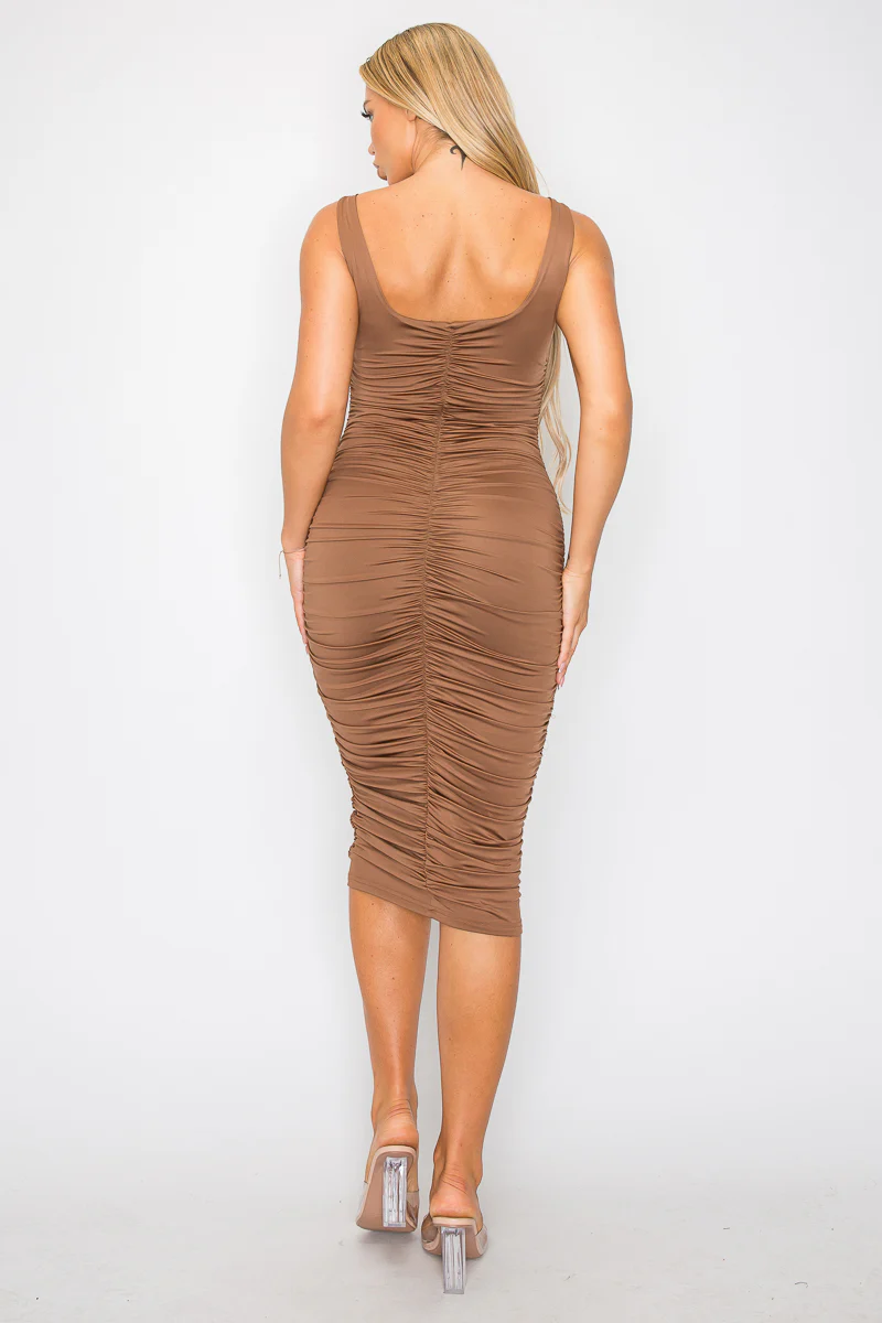 ENBE™ Ruched Square Neck Sleeveless Midi Bodycon Magic Stretch Dress (Double-Layered) - Image 37