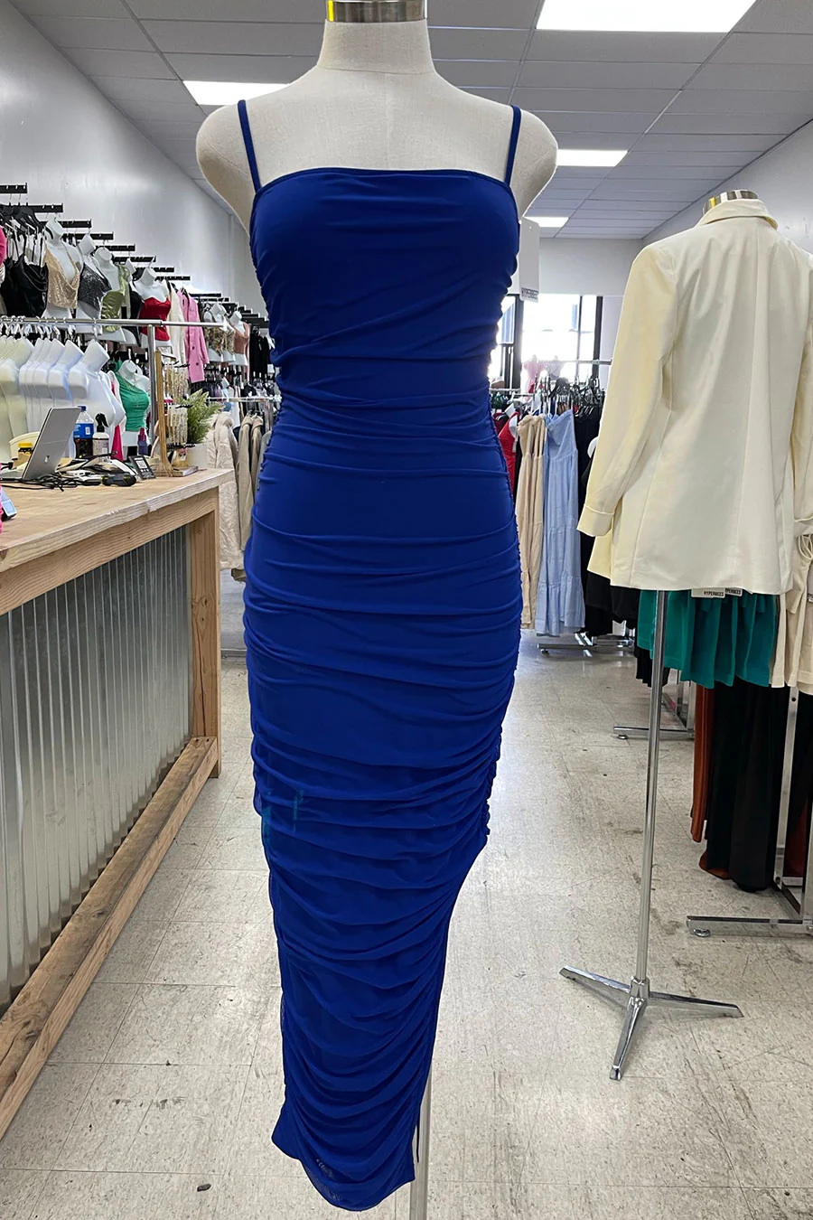 ENBE™ Mesh Double-Layer Ruched Side Slit Bodycon Long Maxi Magic Stretch Dress - Image 4