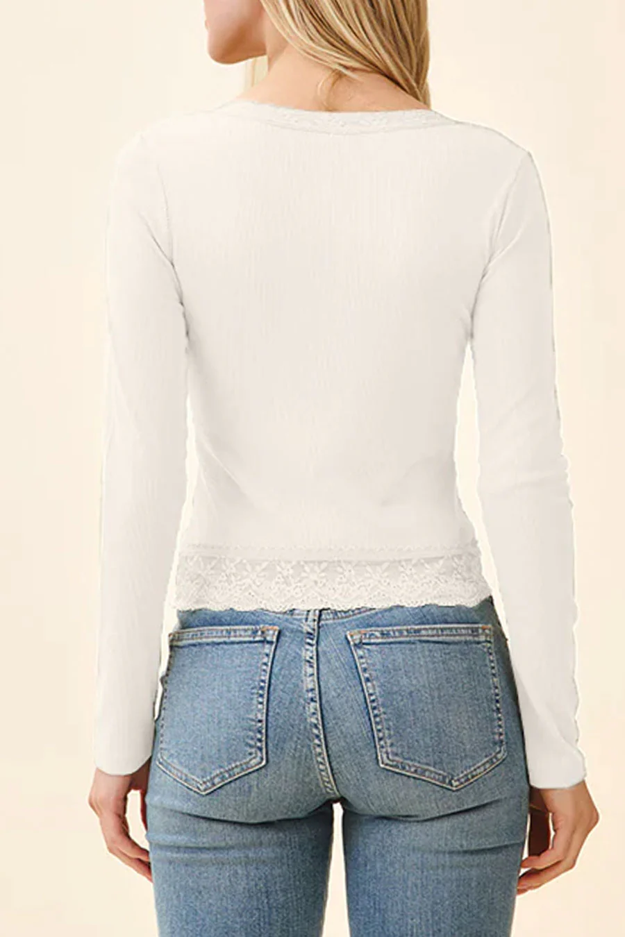 Lace Henley Neck Button Front Rib Knit Top with Lace Hem - Image 11