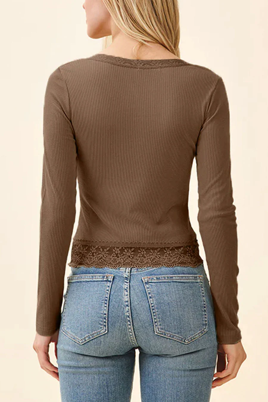 Lace Henley Neck Button Front Rib Knit Top with Lace Hem - Image 9