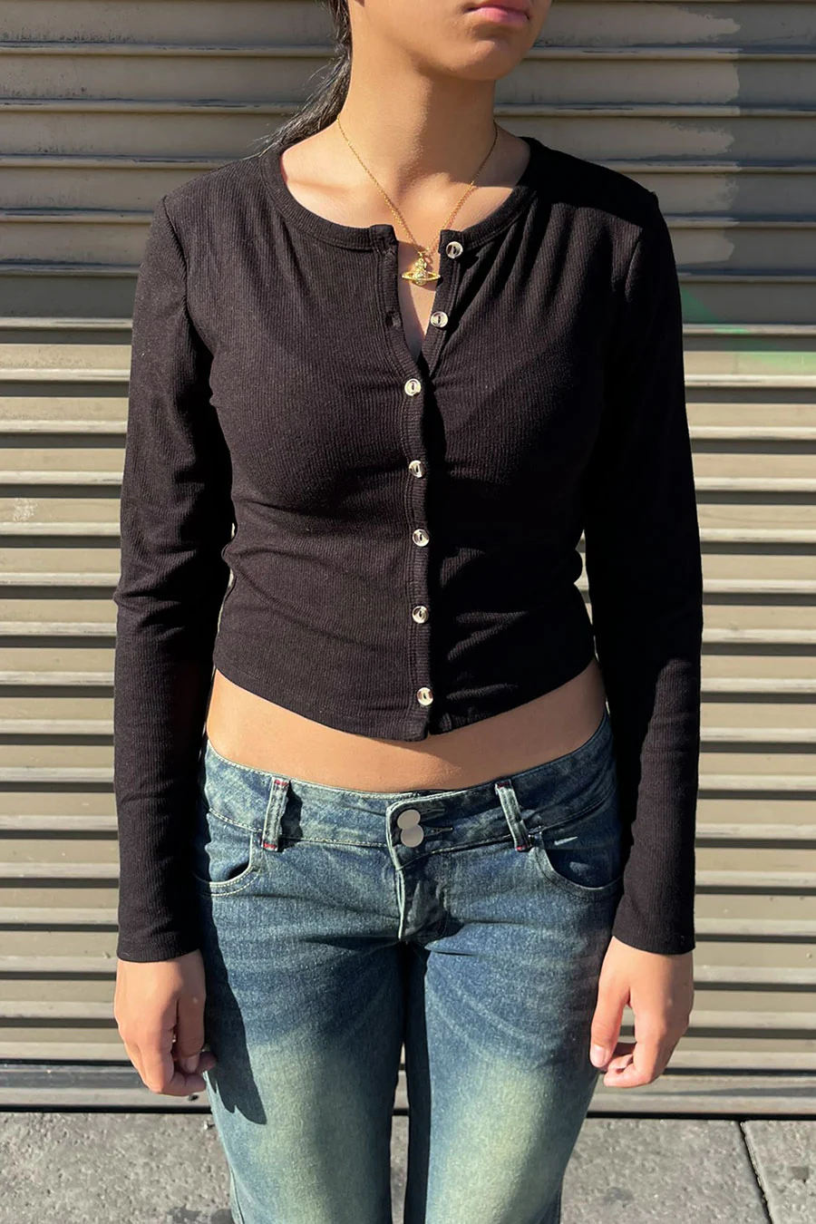 Long Sleeve Crew Neck Button-Front Cardigan Rib Knit Top - Image 3
