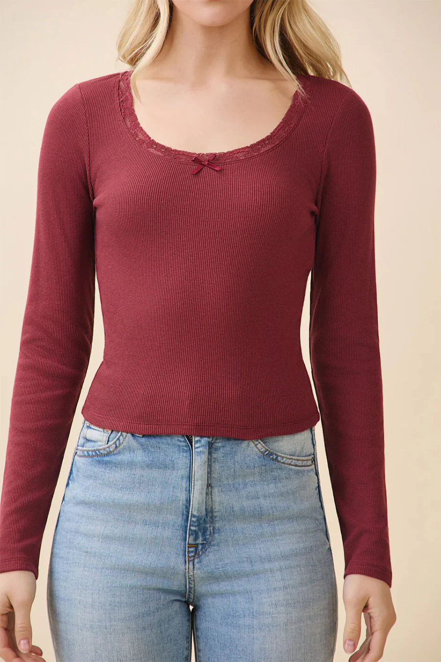 Long Sleeve Scoop Neck Lace Trim With Satin Bow - Image 5