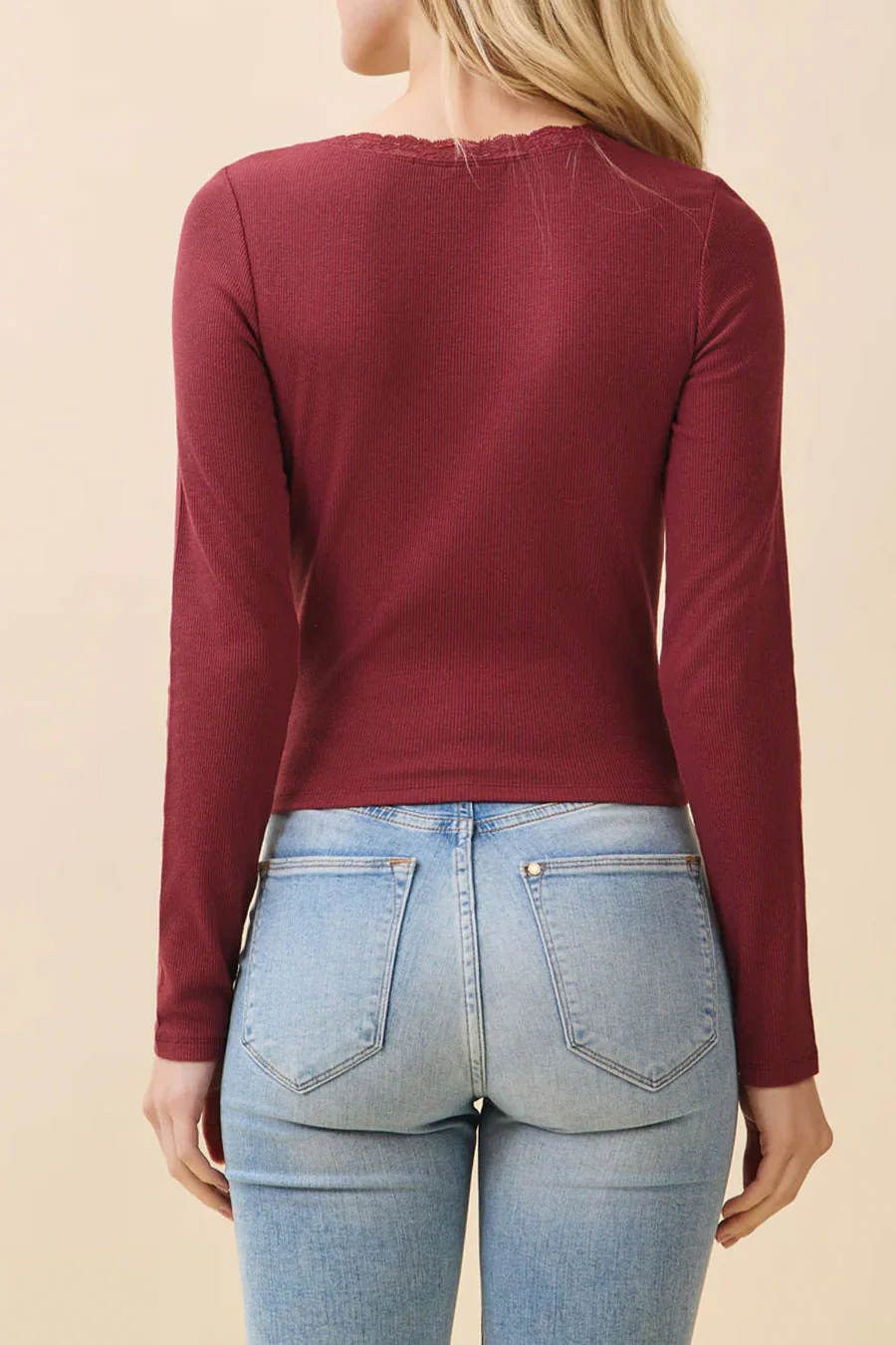 Long Sleeve Scoop Neck Lace Trim With Satin Bow - Image 6