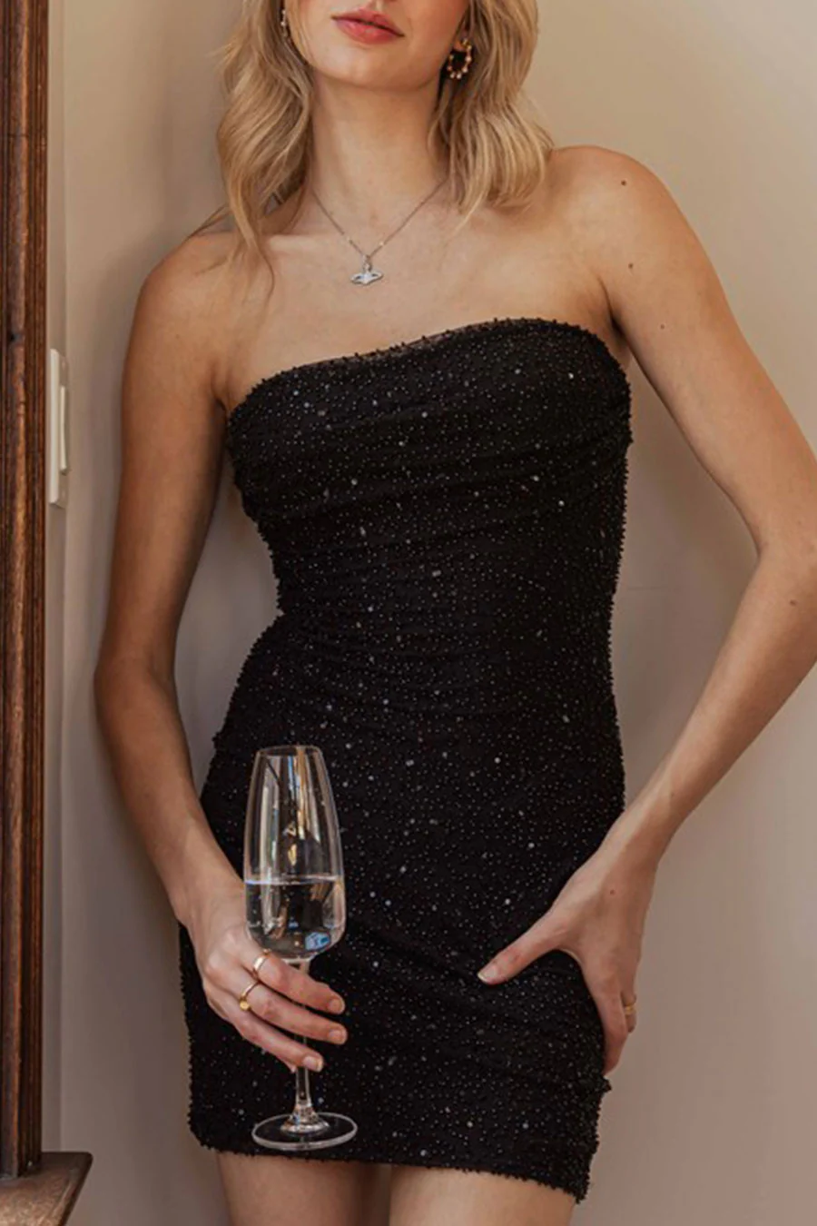 Mesh Beads Cowl Neck Strapless Tube Mini Dress - Image 7