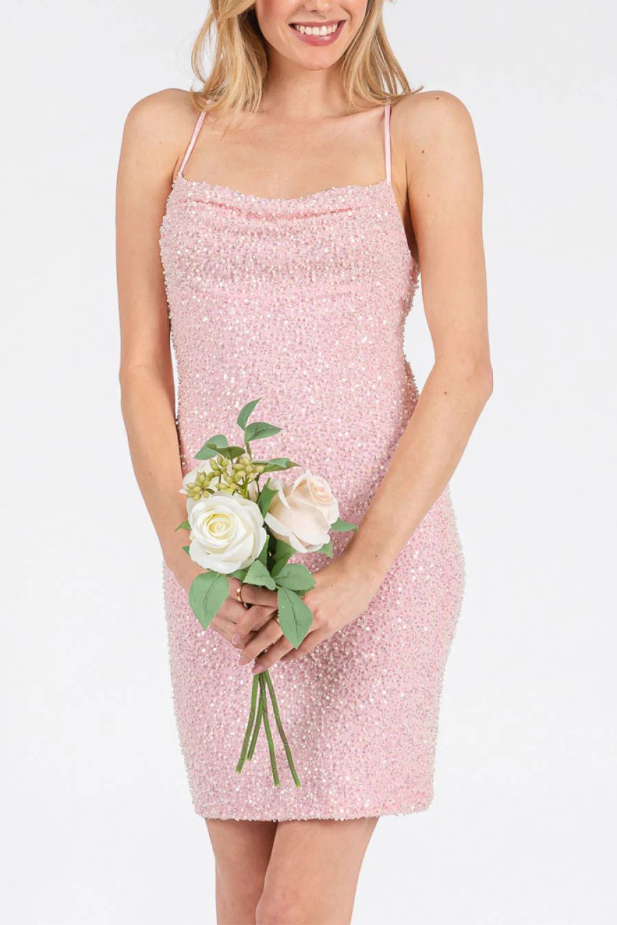 Mesh Sleeveless Back Strap Beads Mini Dress - Image 4