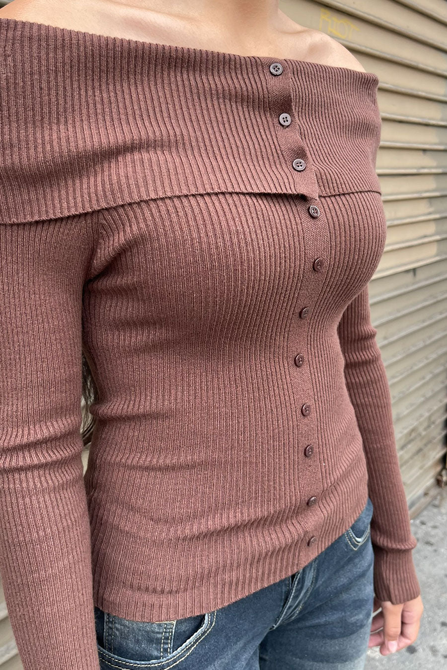 Off Shoulder Button-Down Design Ribbed Sweater Top - Image 3