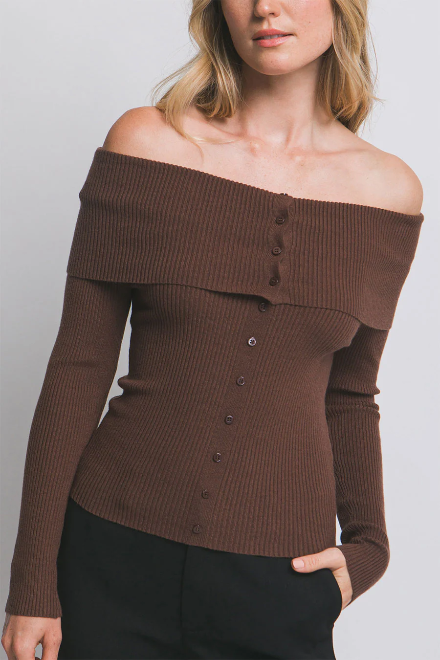 Off Shoulder Button-Down Design Ribbed Sweater Top - Image 7