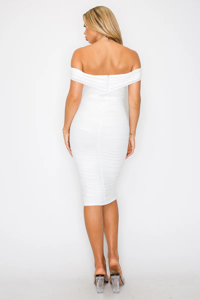 ENBE™ Mesh Double-Layer Off Shoulder Short Sleeve Ruched Bodycon Midi Magic Stretch Dress - Image 18