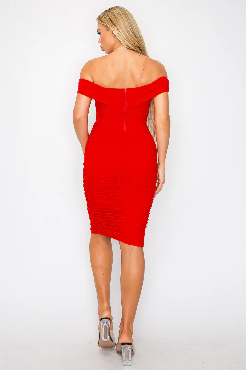 ENBE™ Mesh Double-Layer Off Shoulder Short Sleeve Ruched Bodycon Midi Magic Stretch Dress - Image 21
