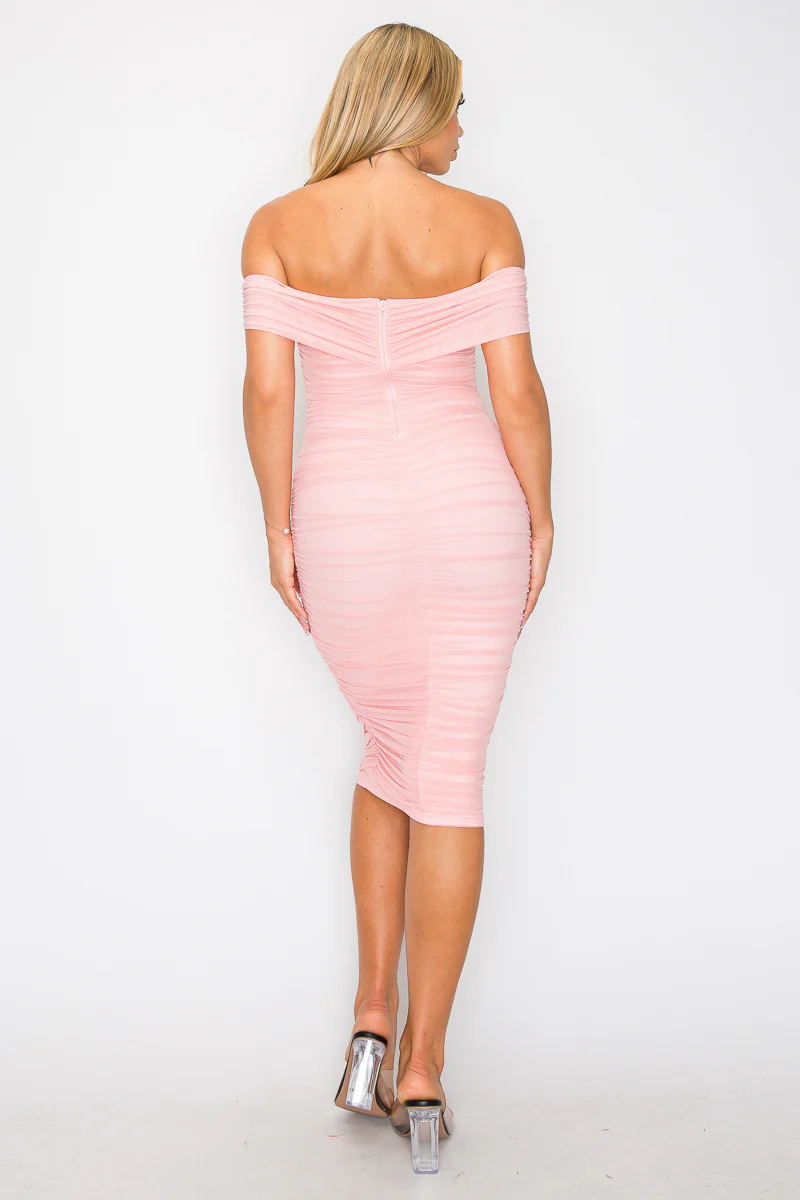 ENBE™ Mesh Double-Layer Off Shoulder Short Sleeve Ruched Bodycon Midi Magic Stretch Dress - Image 30