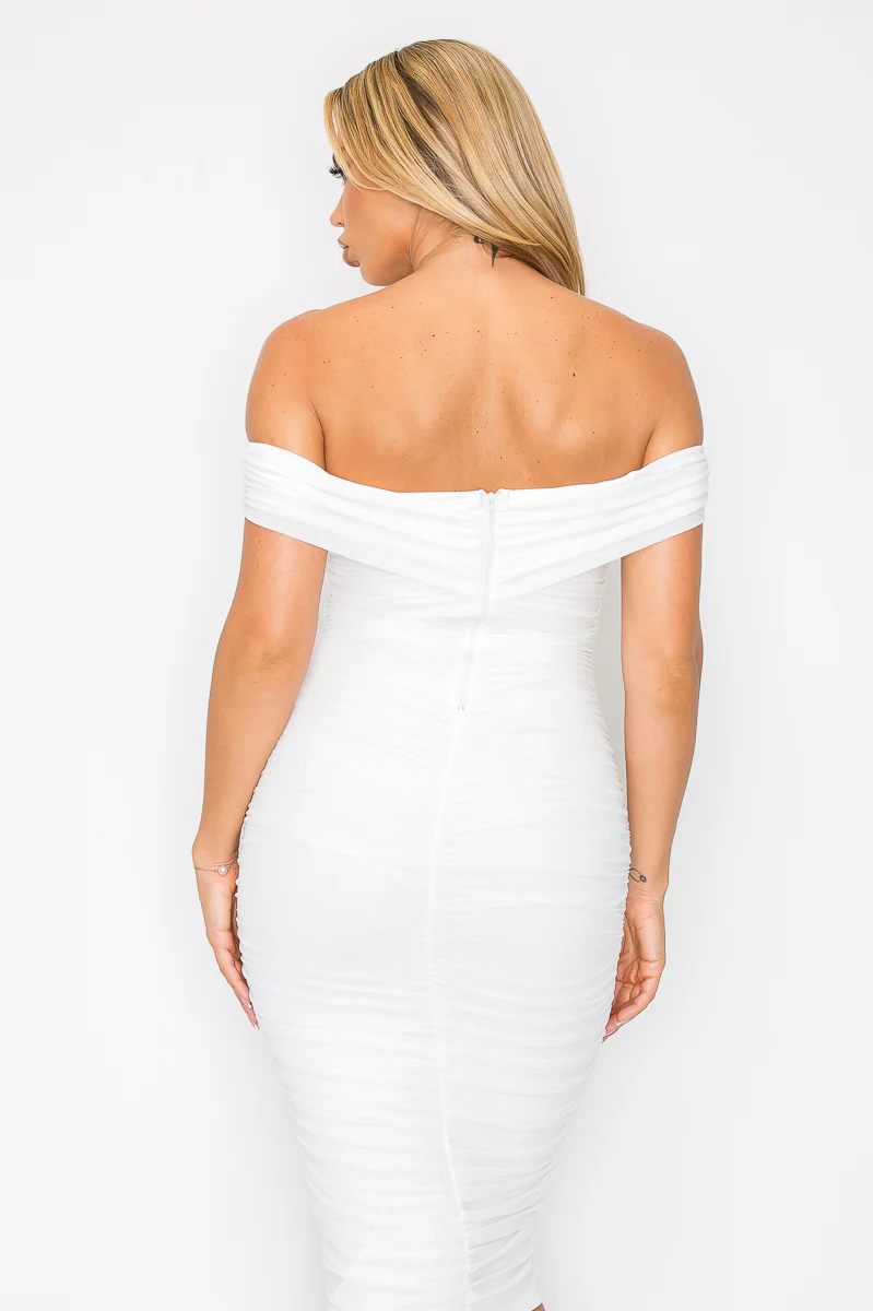 ENBE™ Mesh Double-Layer Off Shoulder Short Sleeve Ruched Bodycon Midi Magic Stretch Dress - Image 4