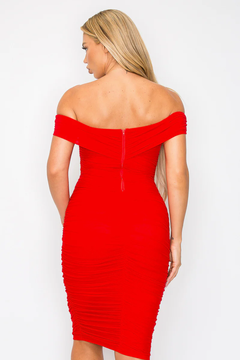 ENBE™ Mesh Double-Layer Off Shoulder Short Sleeve Ruched Bodycon Midi Magic Stretch Dress - Image 6