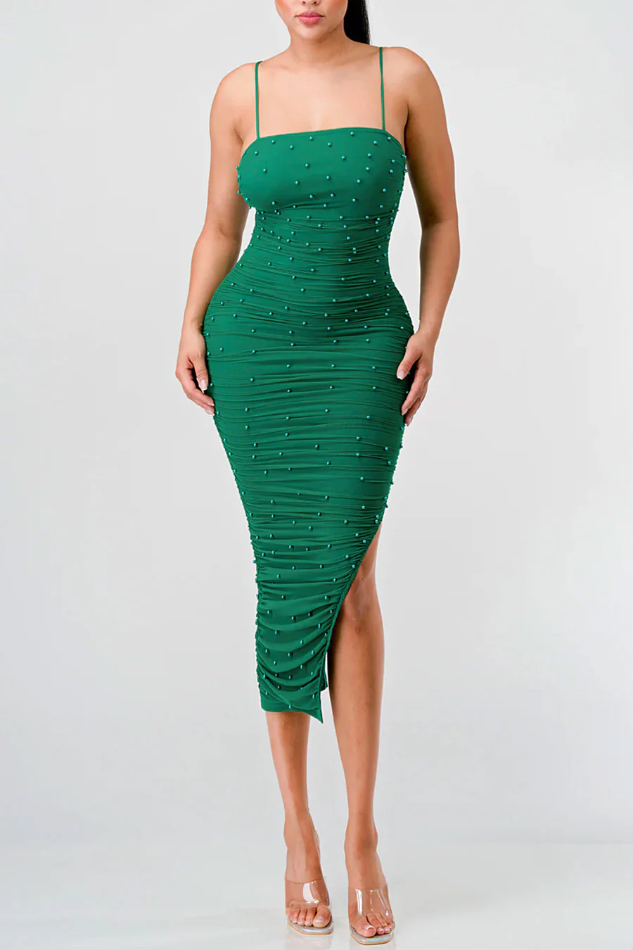 PrivyUSA™ Pearl Mesh Ruched Sleeveless Bodycon Slitted Midi Dress - Image 12