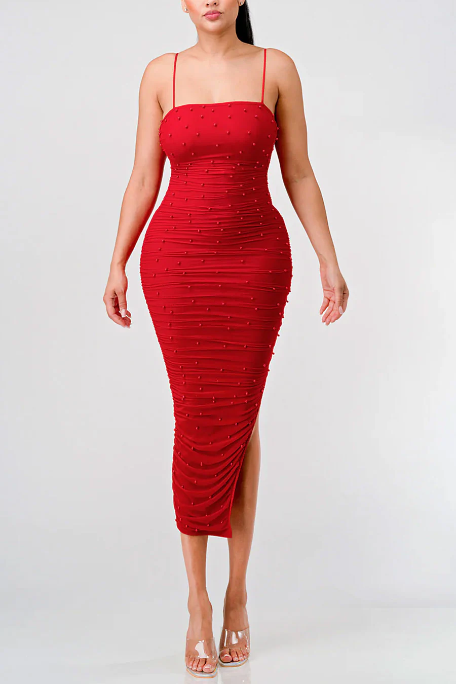PrivyUSA™ Pearl Mesh Ruched Sleeveless Bodycon Slitted Midi Dress - Image 4