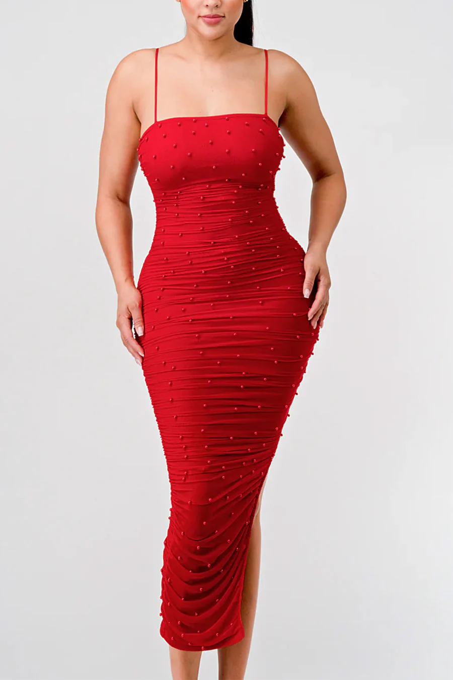 PrivyUSA™ Pearl Mesh Ruched Sleeveless Bodycon Slitted Midi Dress - Image 7