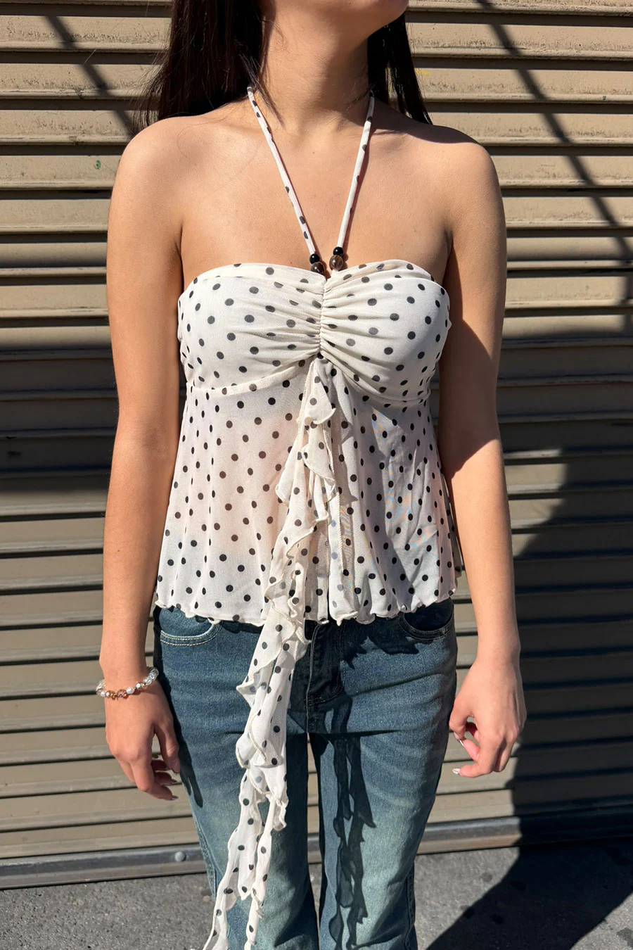 Polka Dot Mesh Print Bead Embellished Bandeau Camisole Top - Image 4